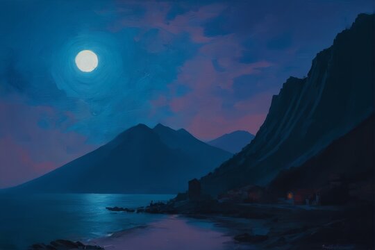 A serene moonlit night over a calm sea, with a solitary sailboat anchored near rocky shores and cliffside buildings silhouetted against the deep blue sky. The full moon casts gentle reflections on the