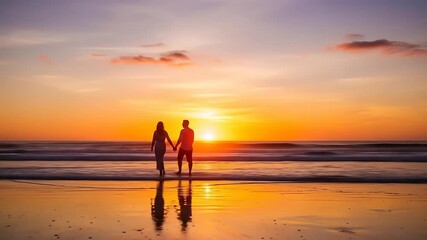 Romantic couple walking on beach at sunset with holding hands, and love and vacations. - Powered by Adobe