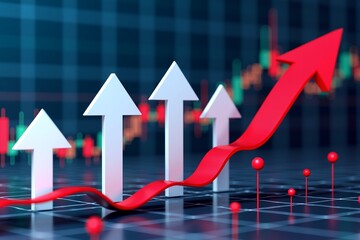 Rising red arrow surges past white arrows on financial chart, symbolizing market growth and upward trend in investment analysis.