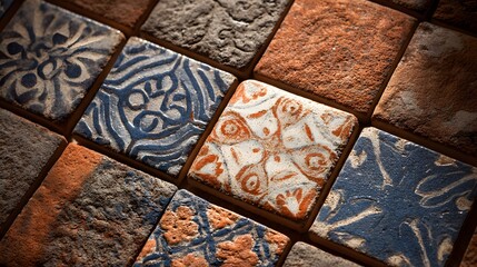 Rough textured terracotta and ceramic squares display aged, patterned surfaces under dramatic lighting.