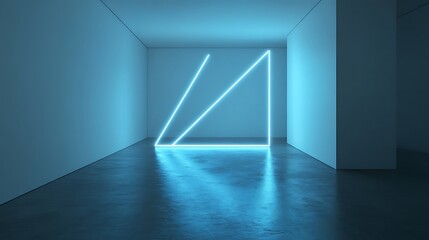 Minimalist interior featuring abstract glowing blue neon light forming a geometric triangle. Ideal for modern, tech, or futuristic design backgrounds
