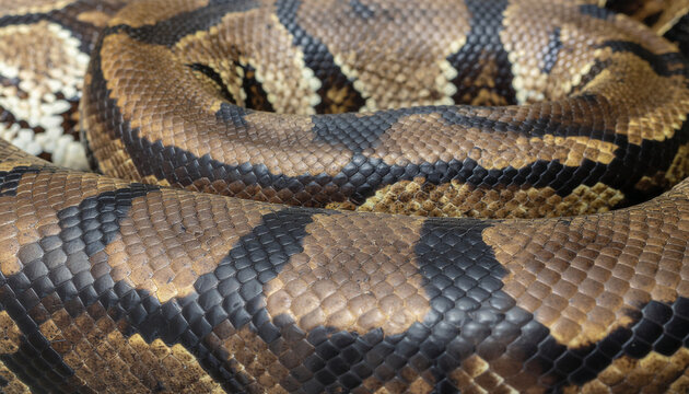 A close-up showing the intricate, overlapping scales and the rich brown and black diamond pattern of a large snake's coiled body. - Powered by Adobe