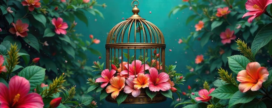 A vibrant, intricately designed birdcage overflowing with lush tropical flowers and vibrant blossoms, symbolizing the beauty and intensity of contained passion , macro, blossoms