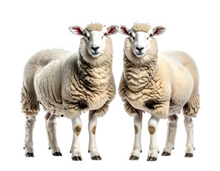 Two fluffy sheep stand side-by-side, facing the viewer with white fleece and black background