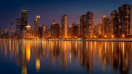 Illuminated modern highrise cityscape reflects brightly upon calm water surface during twilight