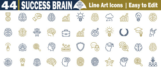 Collection of forty-four successful brain line art icons, easy-to-edit design templates, and vector illustrations. 
