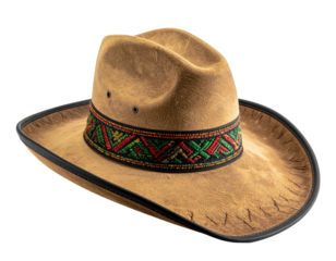 Western style tan hat with a decorative band, black brim edging, and air holes