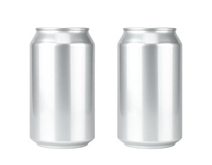 Two identical, sleek silver aluminum beverage cans isolated on a black background