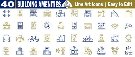Forty building amenities line art icons, easy to edit for residential architecture vector illustrations. 