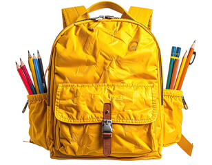 A bright yellow backpack filled with colorful pencils and pens stands upright