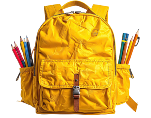 A bright yellow backpack filled with colorful pencils and pens stands upright