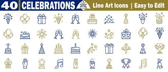 Celebrations line art icons easy to edit vector fireworks and gift boxes design. 