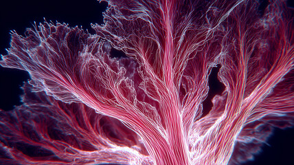 Radiating organic strands unfolding like biological fibers that convey growth, expansion and inner cellular complexity.
