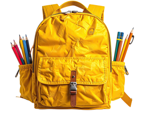 A bright yellow backpack filled with colorful pencils and pens stands upright