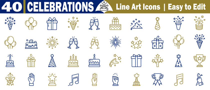 Celebrations line art icons easy to edit vector fireworks and gift boxes design. 