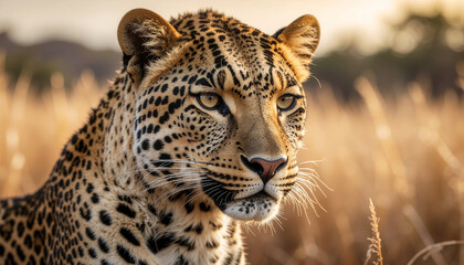 A stunning close-up of a leopard looking intensely to the side in a field of tall, dry grass, bathed in the warm, golden light of sunset.