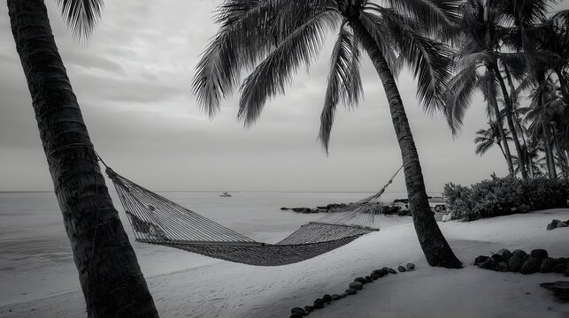 Serene tropical beach scene features a woven hammock suspended between two leaning palm trees under an overcast sky.