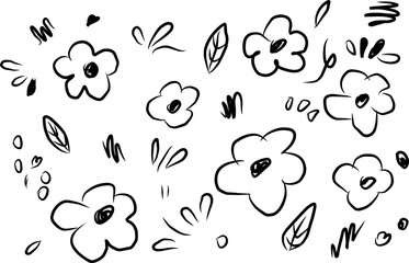 Hand-drawn black flower doodles scattered across a white background create a cute, playful, and artistic pattern ideal for creative projects, wallpapers, fabrics, and designs.
