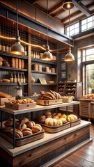 Modern bakery showcases an assortment of freshly baked bread and exquisite pastries arranged artfully on wooden tables and racks