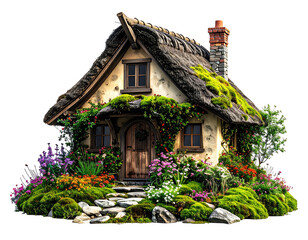 A charming cottage with thatched roof, stone path, and lush garden, whimsical aesthetic