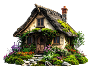 A charming cottage with thatched roof, stone path, and lush garden, whimsical aesthetic