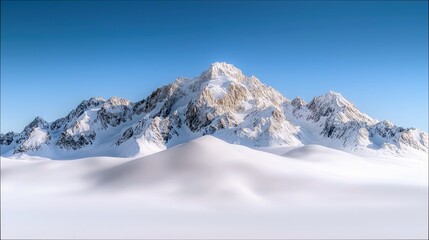 A majestic panoramic view of snow-covered mountain peaks and rolling snowdrifts against a clear, bright blue sky. The scene is bathed in soft, natural light, hi