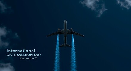Airplane flying upwards leaving blue contrails against a dark night sky for International Civil Aviation Day Keywords: international civil aviation