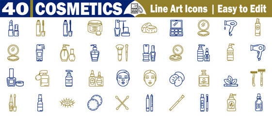 Cosmetics line art icons, beauty face care, makeup accessories, spa treatment, editable set vector illustrations. 