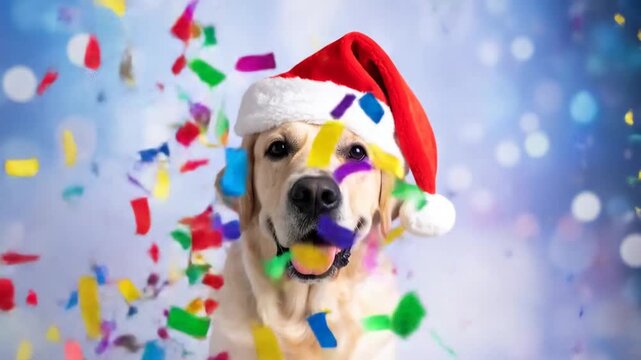 Festive Golden Retriever with Confetti: A Cheerful Celebration in Santa Hat and Colors