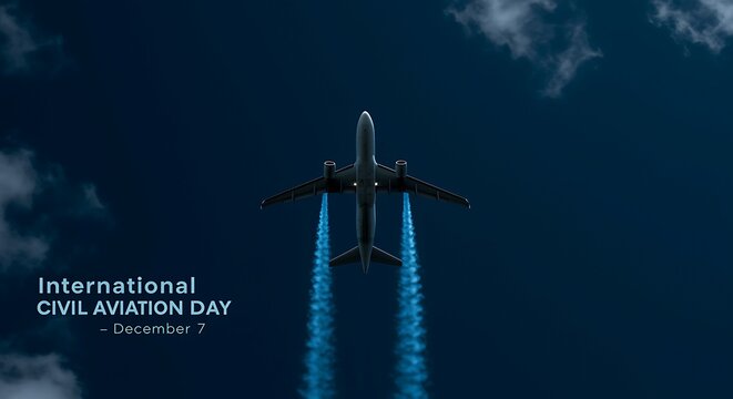 Airplane flying upwards leaving blue contrails against a dark night sky for International Civil Aviation Day Keywords: international civil aviation