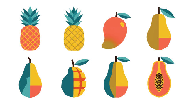 Abstract geometric fruit collection featuring stylized pineapple, mango, and pear. Modern flat vector graphic design elements