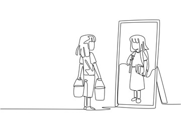 Single line drawing of a girl holding two buckets while her reflection shows her as a student, symbolizing education, hope, and freedom in a humanitarian concept for World Day Against Child Labor awar