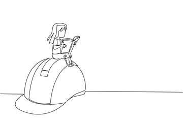 One line drawing of a girl reading a book on a construction helmet, representing education, empowerment, and equality in a global humanitarian concept for World Day Against Child Labor awareness.