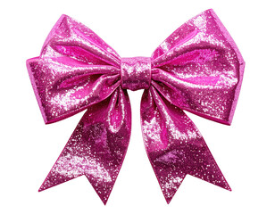 Glittering magenta bow, isolated on black, with symmetrical, sparkling folds