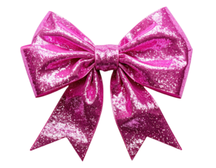 Glittering magenta bow, isolated on black, with symmetrical, sparkling folds