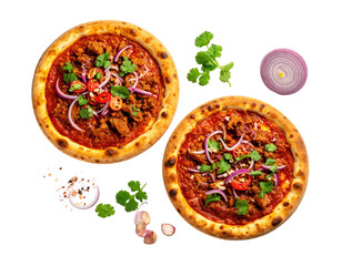 Two pizzas with vibrant toppings, red sauce, herbs, and onion against a black backdrop