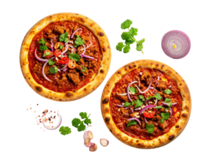 Two pizzas with vibrant toppings, red sauce, herbs, and onion against a black backdrop