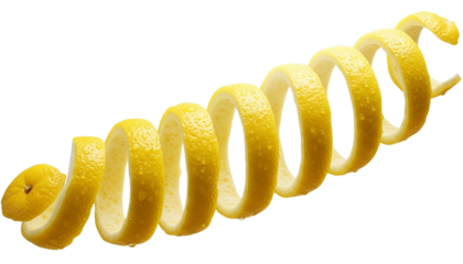 A Long, Curly Spiral of Yellow Lemon Peel, Floating or Suspended, Isolated Against a Transparent Background