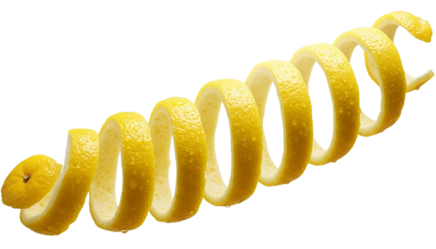 A Long, Curly Spiral of Yellow Lemon Peel, Floating or Suspended, Isolated Against a Transparent Background - Powered by Adobe