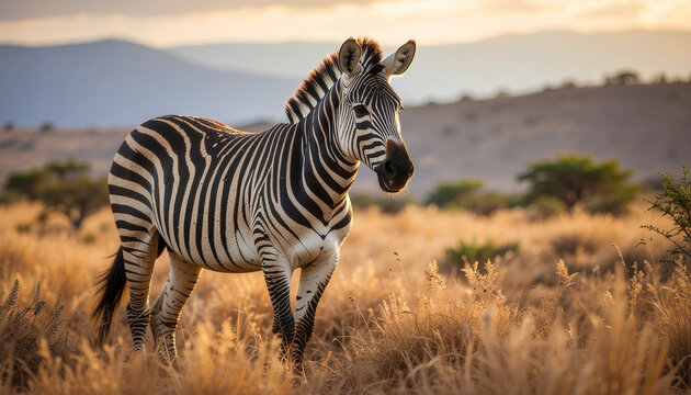 A plains zebra stands amidst tall, dry golden grass in the African savanna at sunset, with rolling hills visible in the hazy background. - Powered by Adobe