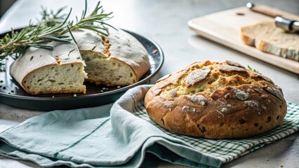 Naklejka premium Aromatic Irish Soda Bread Fresh from the Oven, Aromatic Rosemary Loaf with Golden Crust and Soft Inside