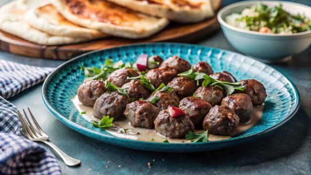 Turkish cuisines traditional meatball delight, i Kfte, made with ground lamb and spices, served at a festive table with fresh herbs and crusty br