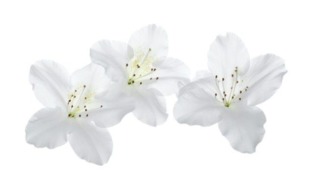 Three delicate white blossoms elegantly isolated against a pristine white background, showcasing their natural beauty and intricate details in a serene and pure composition