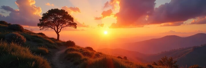 Obraz premium Serene sunrise over a tranquil landscape, evoking feelings of peace, hope, and spiritual awakening Perfect for themes of faith, renewal, and divine connection , prayer, gospel, background