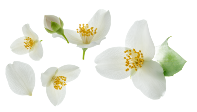 Delicate white jasmine flowers with their fragrant petals and a fresh green leaf, isolated on a pristine background, embodying natural beauty and a sweet aromatic essence