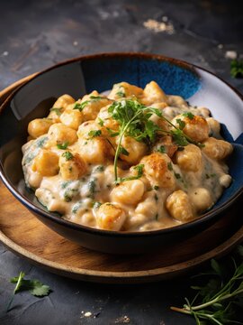 Indulge in richly textured Italian comfort food with pillowy gnocchi smothered in a bold blue cheese sauce infused with the subtle tang of galic