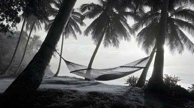 Empty netted relaxation swing suspended between tall tropical trees near bright water in monochrome