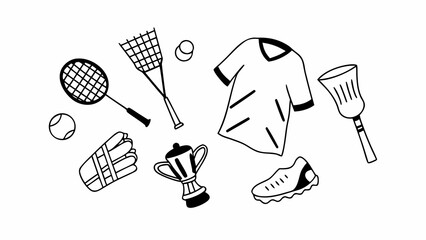 Doodle vector illustration of badminton equipment and sports items for graphic design