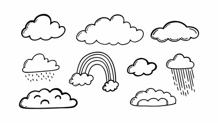 Doodle set of 10 fluffy outline clouds and rainbow weather icons vector