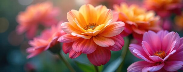 Fototapeta premium Close-up of vibrant, colorful flowers, petals gently swaying as if breathing in a soft breeze Delicate details and soft lighting create a serene, floral atmosphere , growth, breathing, natural